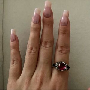 925 Sterling Blackened Silver Red Stone with Pave Halo Ring Size 7
